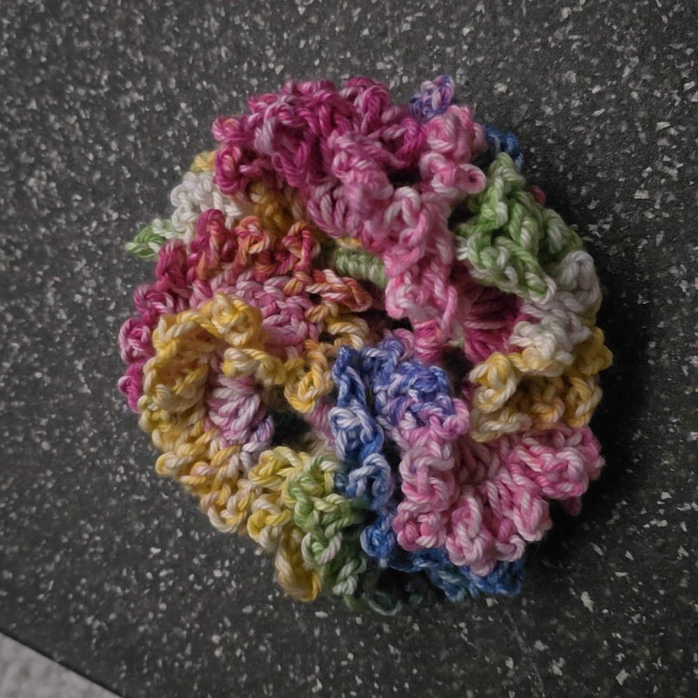 Large ruffle crochet hair scrunchie.